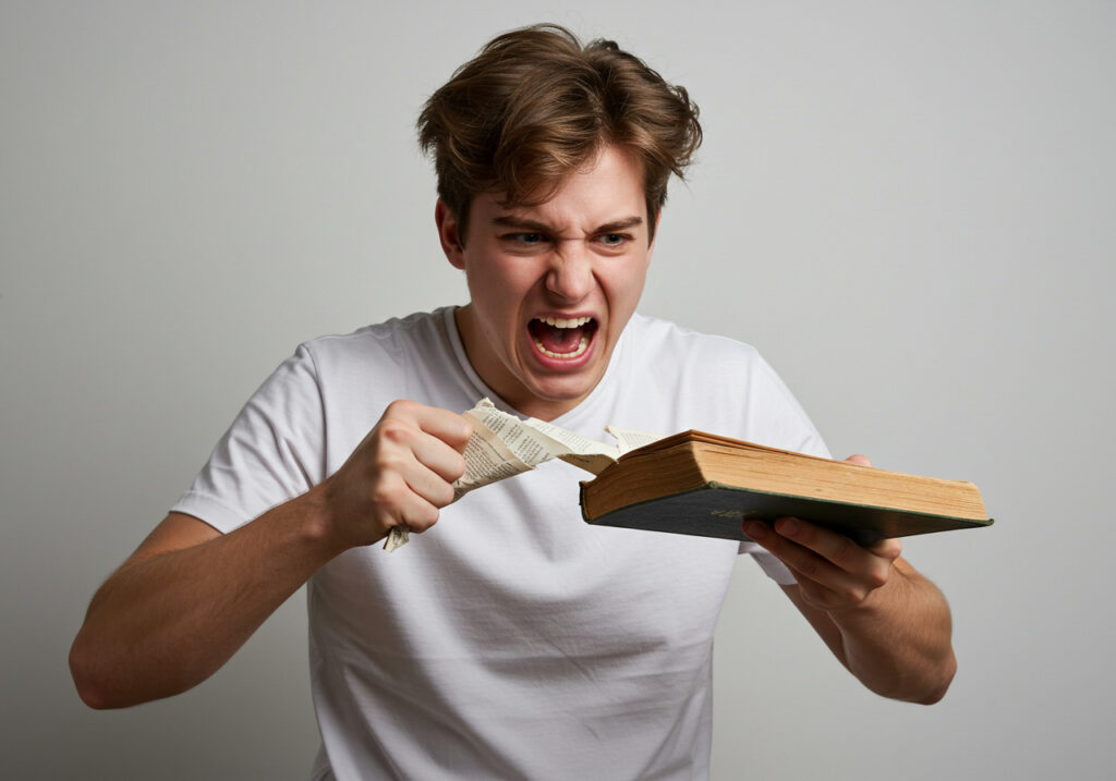 Hombre frustrado rompiendo un libro en un momento de desesperación