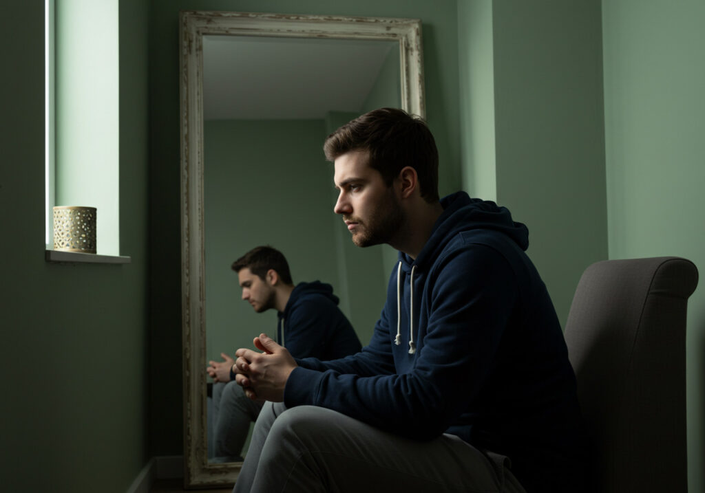 Hombre reflexionando sentado frente a un espejo en un ambiente tranquilo