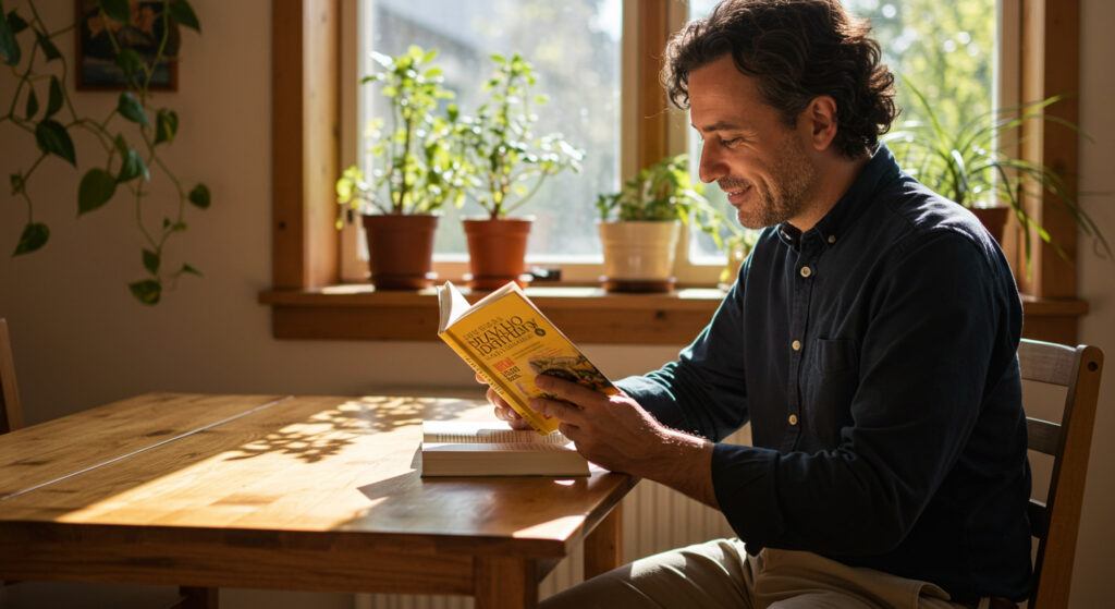 Hombre leyendo un libro sobre crecimiento personal en una habitación luminosa