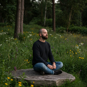 Hombre meditando en un entorno natural rodeado de flores y árboles