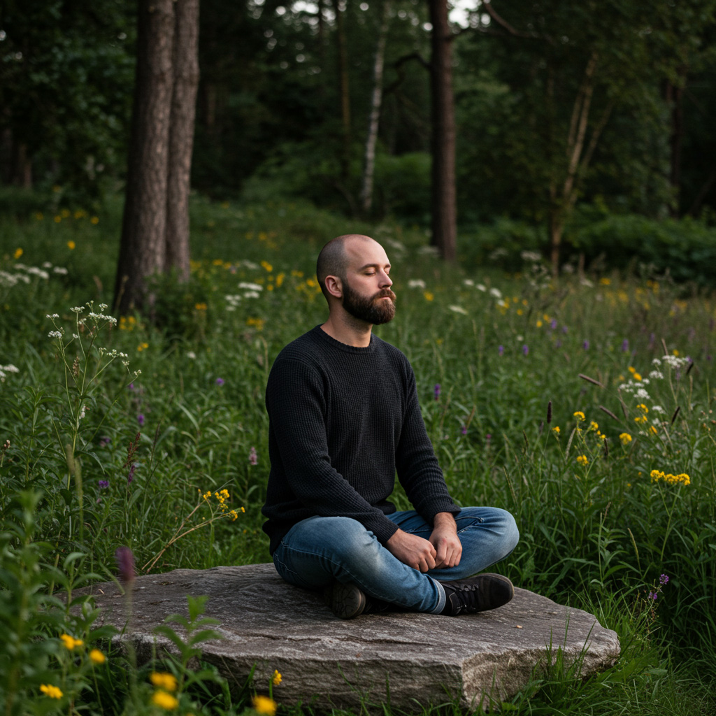 Hombre meditando en un entorno natural rodeado de flores y árboles