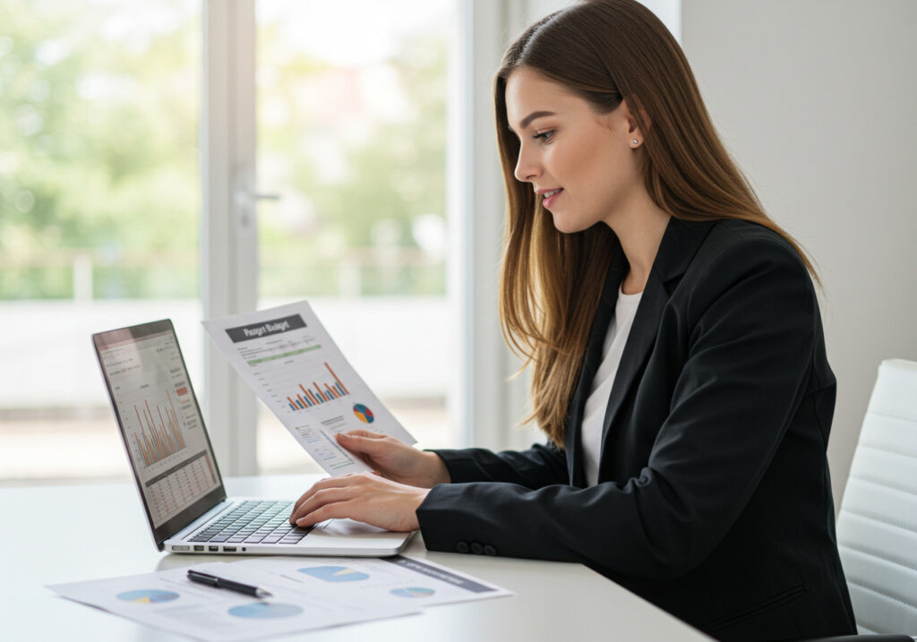 Mujer analizando gráficos financieros en su computadora portátil
