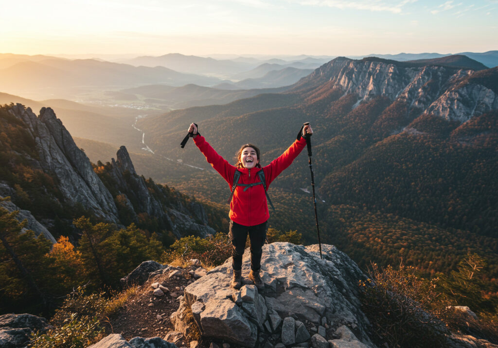 Mujer celebrando en la cima de una montaña al amanecer