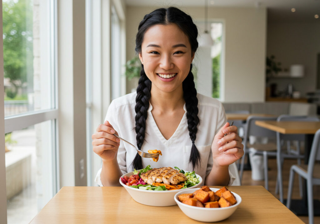 Mujer disfrutando de una comida saludable en un ambiente luminoso