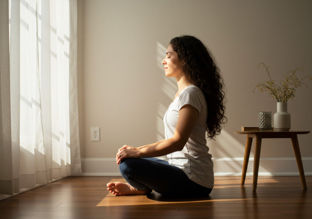 Mujer meditando en casa junto a una ventana con luz natural