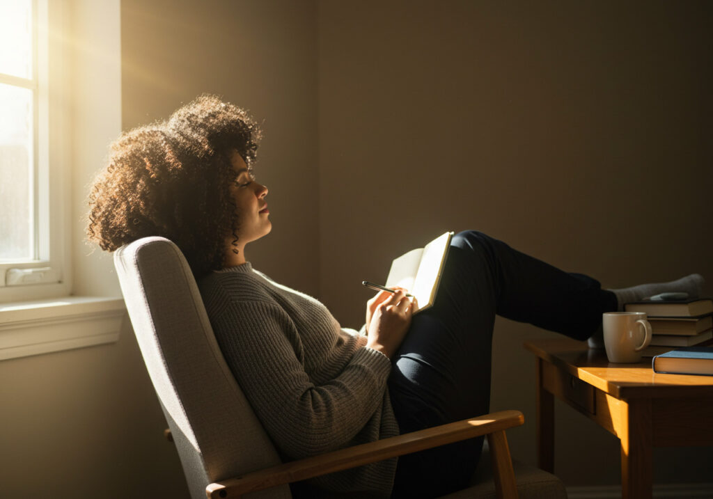 Mujer reflexionando y escribiendo en su diario mientras disfruta de la luz natural