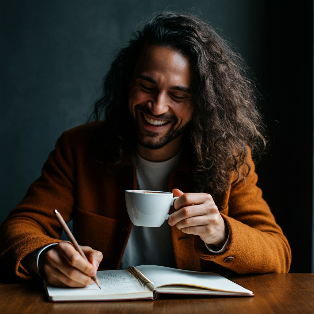 Hombre escribiendo en un cuaderno mientras disfruta de una taza de café