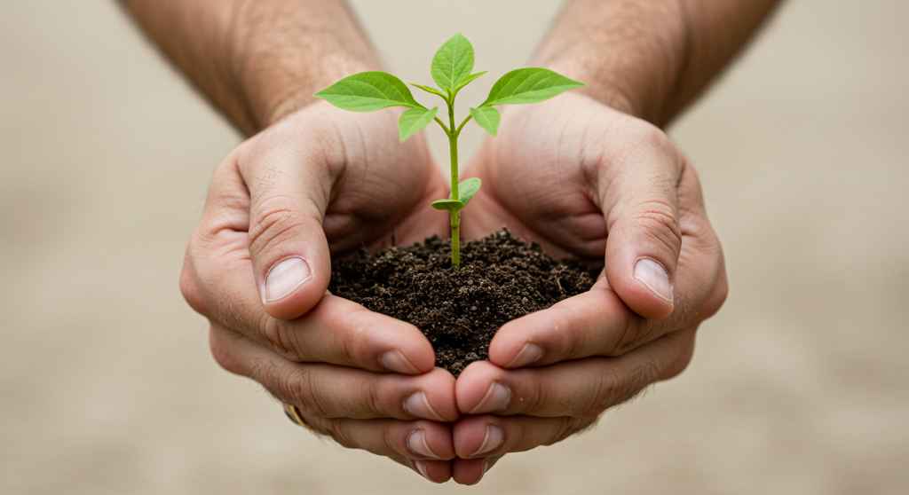 Manos sosteniendo un brote verde, simbolizando abrazar la gratitud como fuerza transformadora
