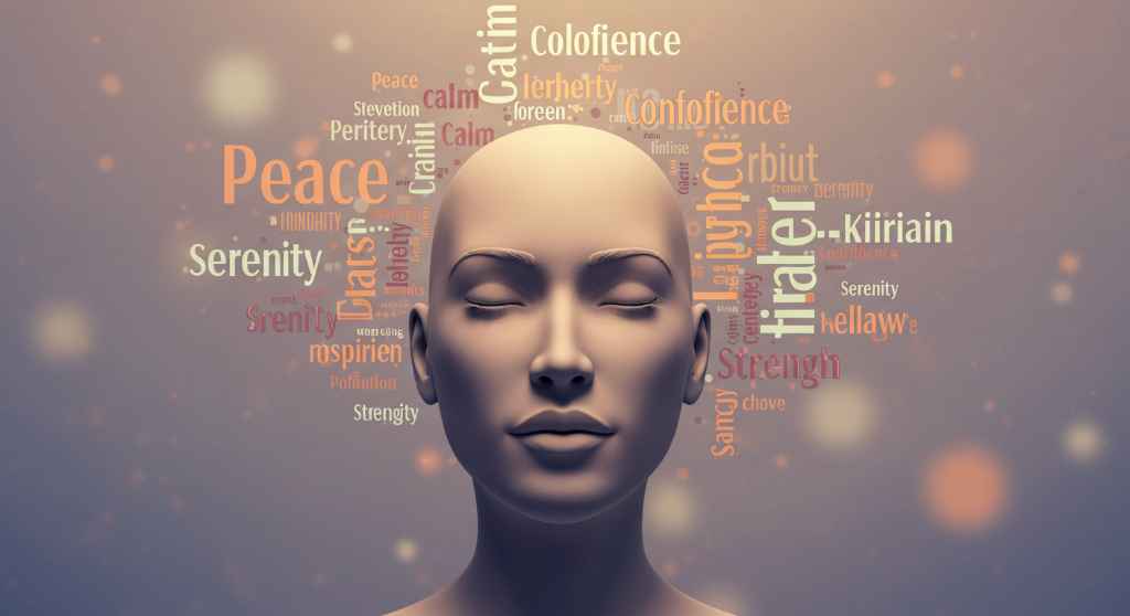 Cabeza humana con palabras positivas flotando alrededor, simbolizando cultivar pensamientos de calma