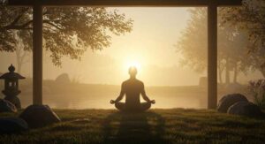 Silueta meditando en un entorno sereno al amanecer, simbolizando plenitud y bienestar interior