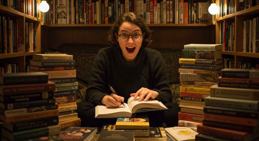 Persona escribiendo en cuaderno rodeada de libros, simbolizando el aprendizaje continuo