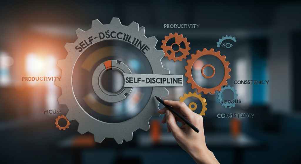 Ilustración de autodisciplina y productividad con engranajes y palabras clave