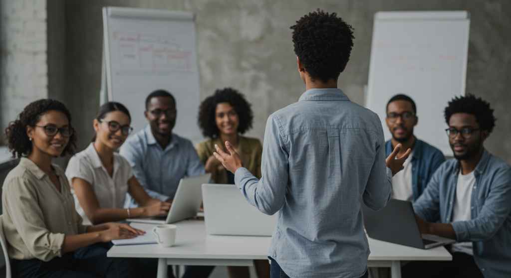 Grupo diverso escuchando a un orador, representando la comunicación asertiva y el respeto mutuo