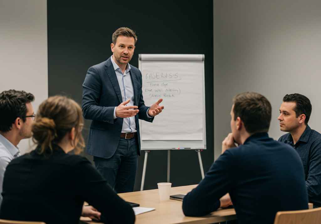 Un hombre presentando con claridad y asertividad a un grupo en una reunión