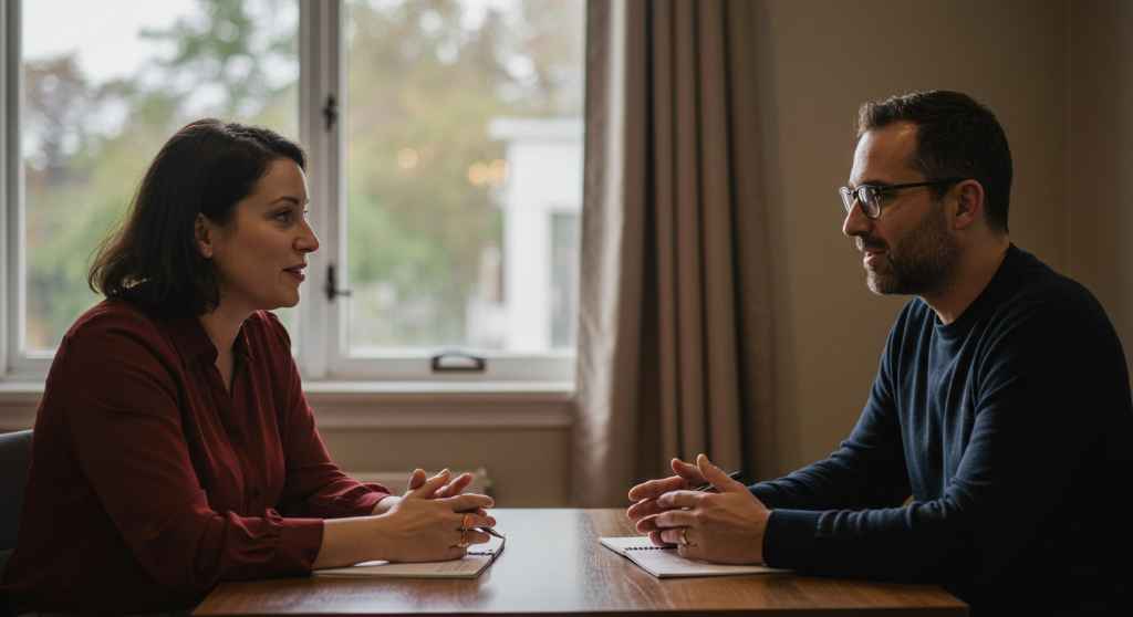 Dos personas conversando empáticamente, conectando con las emociones del otro