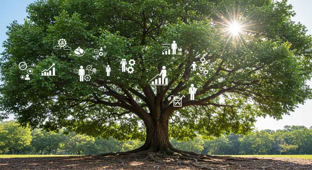 Árbol con iconos de crecimiento empresarial, representando el impacto en la cultura corporativa y los resultados financieros