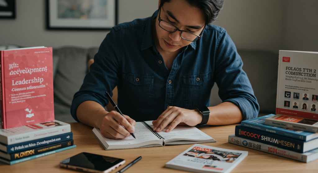 Joven estudiando y escribiendo rodeado de libros, simbolizando la inversión en crecimiento personal continuo