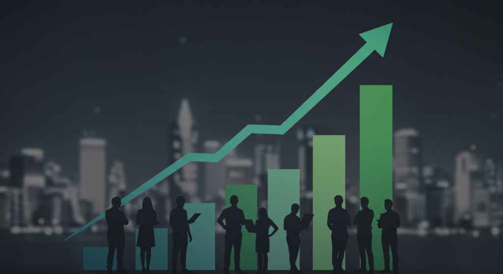 Ilustración de personas y gráfico ascendente, representando el impacto del crecimiento personal en empresas