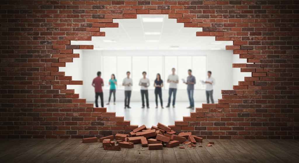 Pared de ladrillos derribada revelando grupo de personas, simbolizando la superación de barreras en la comunicación