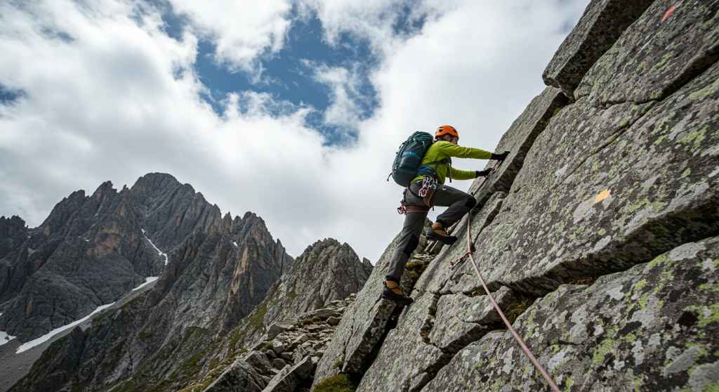 Escalador superando desafío en la montaña, ejemplo de autodisciplina y crecimiento personal
