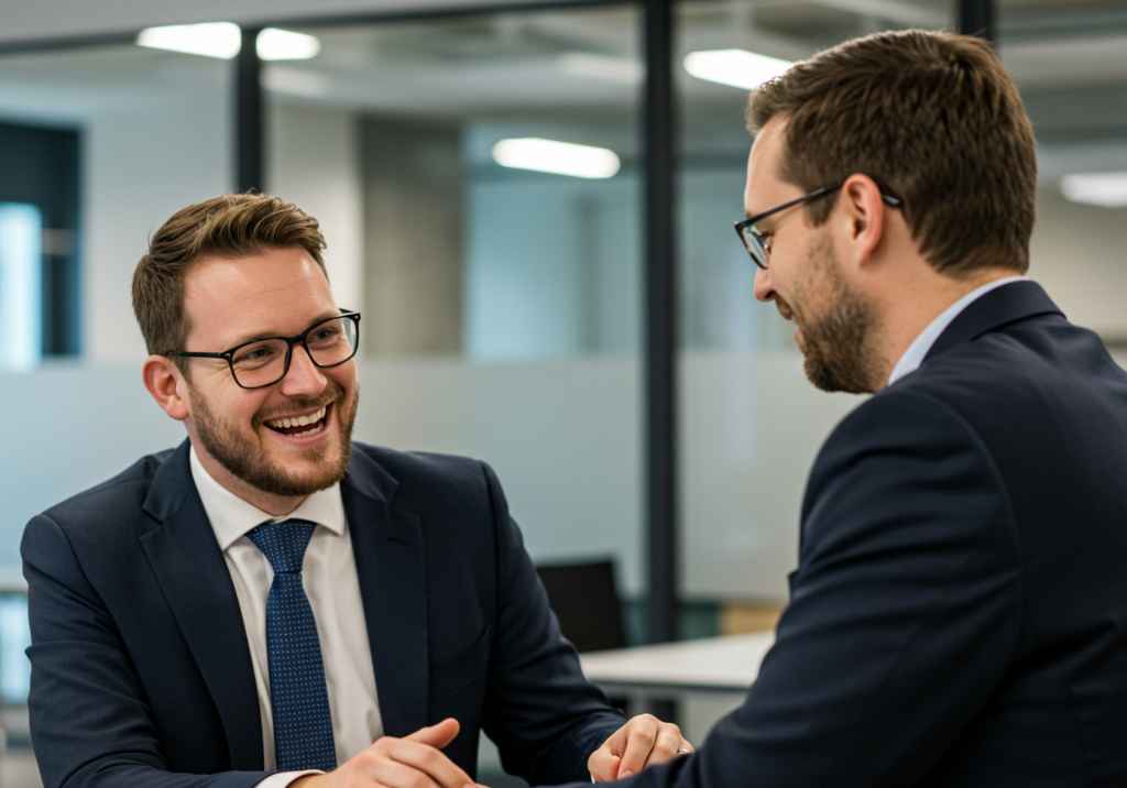 Dos hombres sonriendo y escuchándose atentamente durante una conversación de negocios