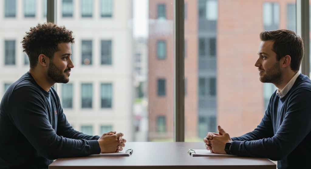 Dos hombres practicando la escucha activa durante una conversación