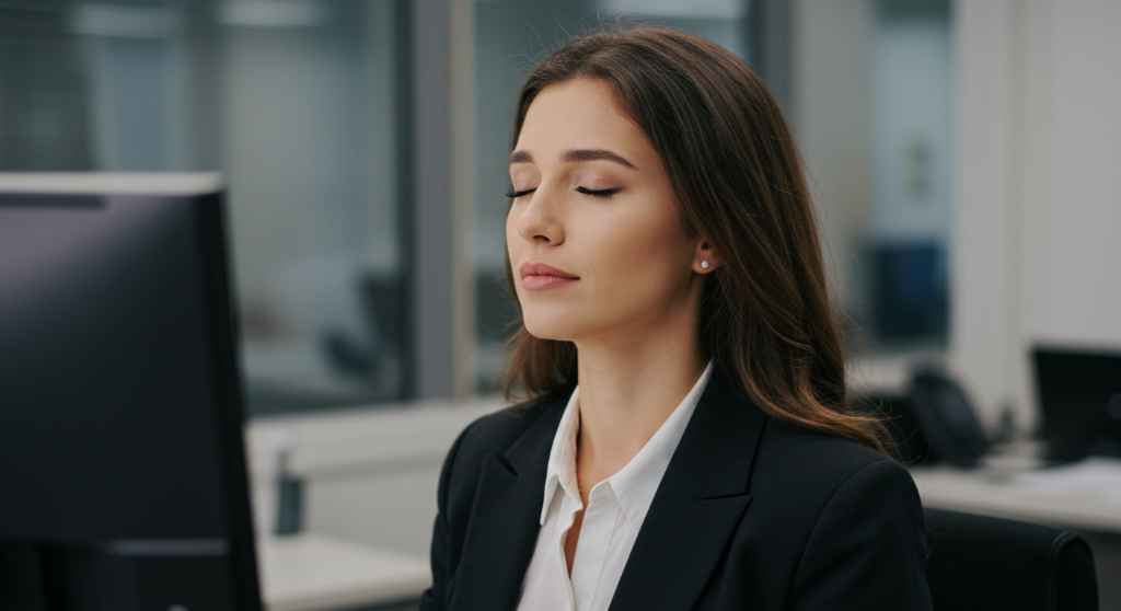 Mujer con ojos cerrados en la oficina, simbolizando la gestión emocional