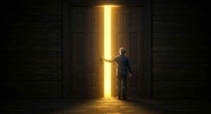 Hombre mirando a través de puerta iluminada, simbolizando el desbloqueo del potencial oculto