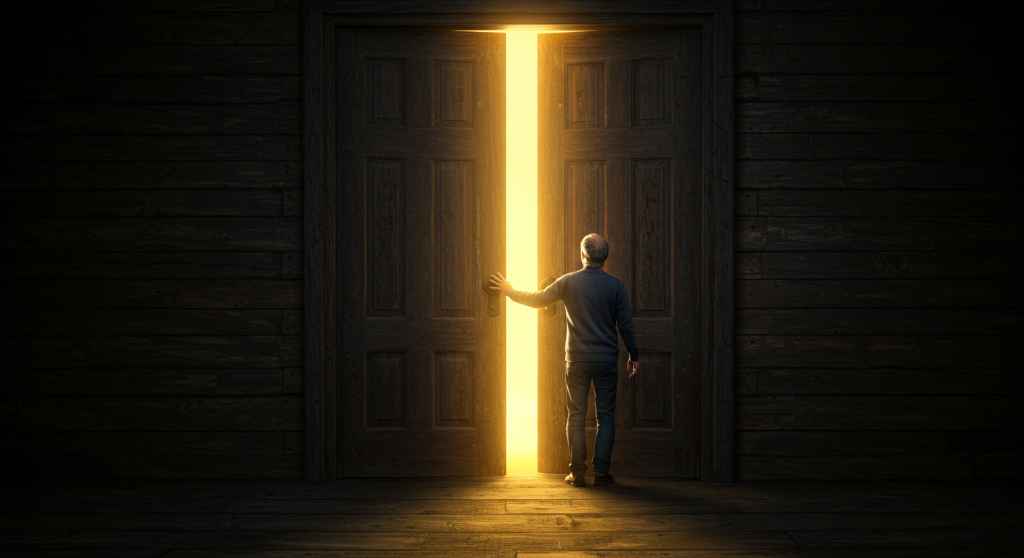 Hombre mirando a través de puerta iluminada, simbolizando el desbloqueo del potencial oculto