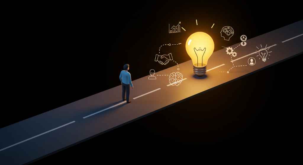 Persona caminando hacia bombilla con iconos de inteligencia emocional, simbolizando el éxito