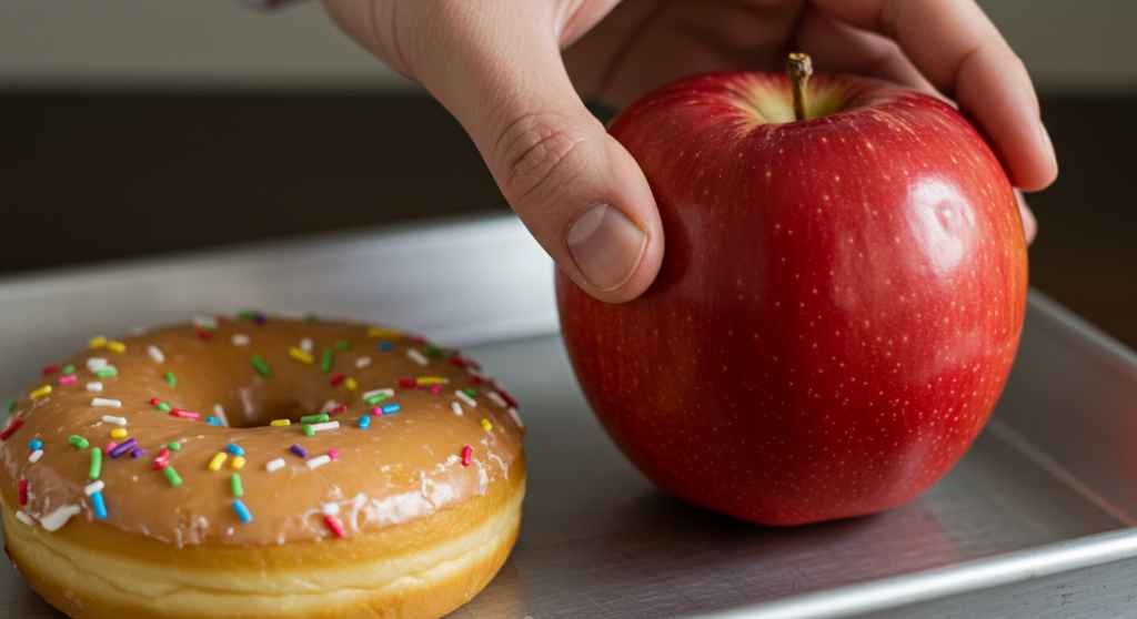 Mano alcanzando manzana roja, con dona glaseada en primer plano, simbolizando la autodisciplina
