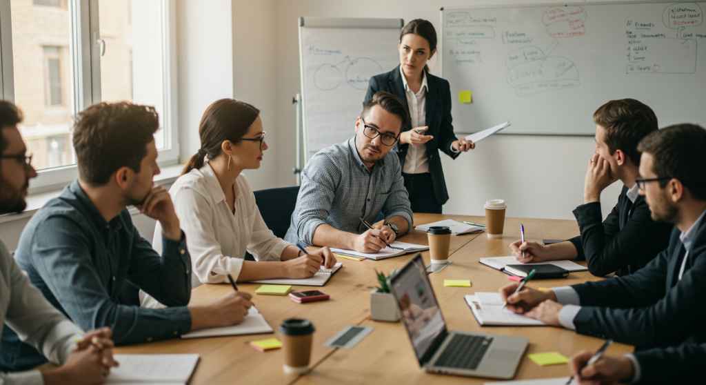 Grupo de trabajo colaborando en una reunión, discutiendo metodologías de crecimiento personal