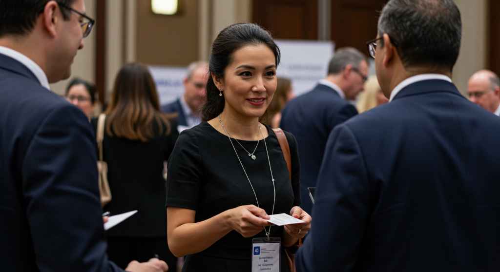 Mujer entregando tarjeta de presentación en evento de networking profesional