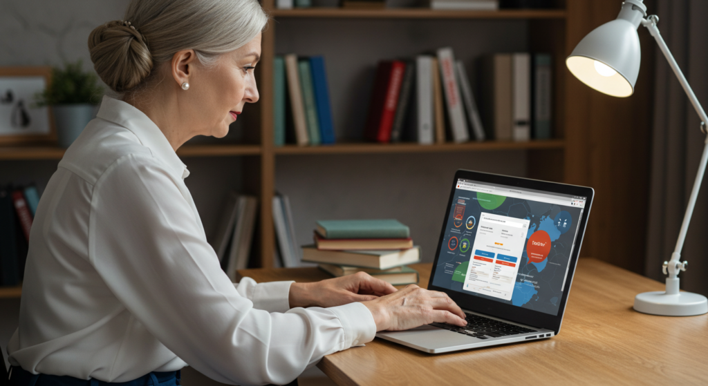 Mujer trabajando en laptop, analizando datos y tendencias tecnológicas