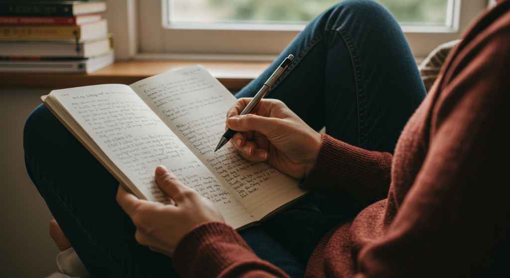 Persona escribiendo en cuaderno, reflexionando sobre metas y autoconocimiento