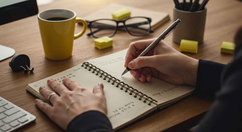 Persona escribiendo metas y objetivos en un cuaderno, simbolizando la planificación