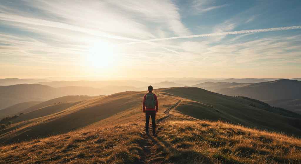 Persona en la cima de una montaña al atardecer, simbolizando la motivación intrínseca