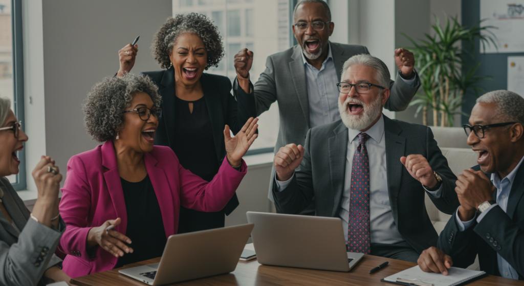 Un grupo diverso de profesionales maduros celebrando un logro en una oficina moderna, sonriendo y levantando las manos con entusiasmo.