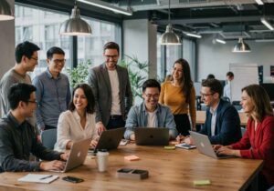 Grupo diverso trabajando y sonriendo en una oficina, representando relaciones interpersonales fuertes en el trabajo
