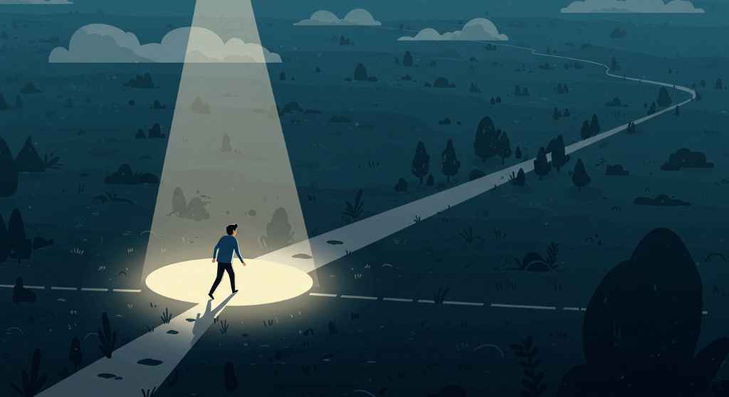 Persona caminando por camino iluminado en la oscuridad, simbolizando salir de la zona de confort