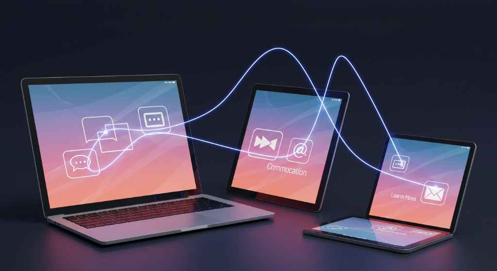 Laptop, tablet y smartphone conectados por líneas de luz, simbolizando la comunicación eficiente a través de la tecnología