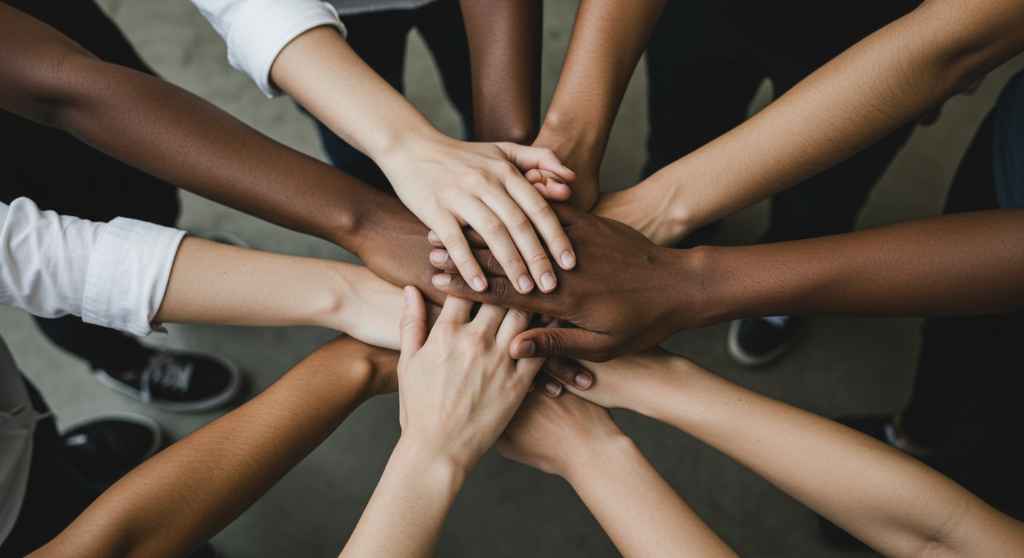 Varias manos de diferentes tonos apiladas juntas, simbolizando el trabajo en equipo y la cooperación