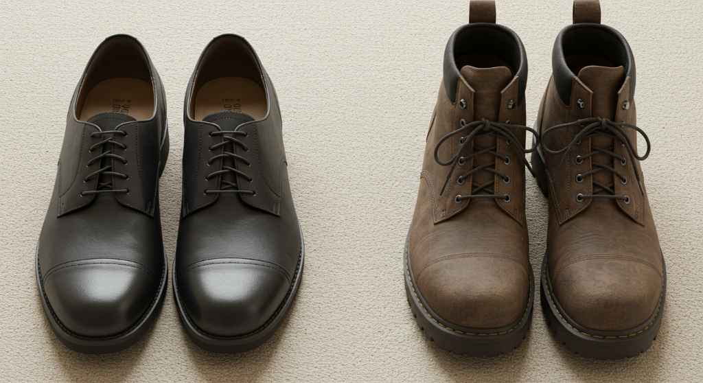 Dos pares de zapatos diferentes uno al lado del otro, simbolizando la empatía y la perspectiva del otro