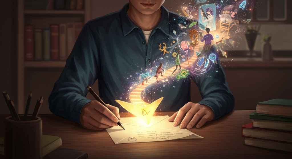 Persona escribiendo carta brillante con visualizaciones de futuro, simbolizando proyectar una vida con intención