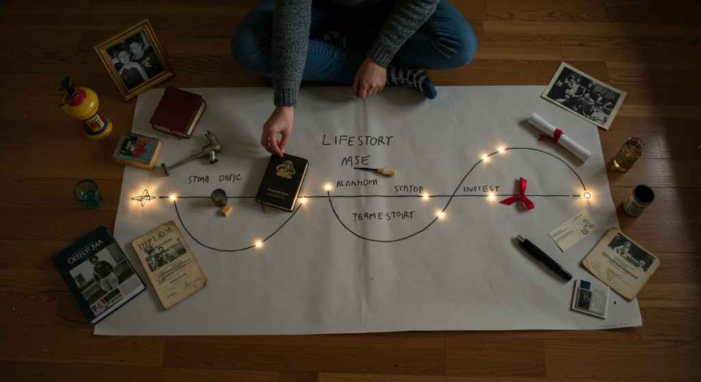Persona creando una línea de tiempo de su vida con objetos personales, simbolizando escribir la historia de vida desde el corazón