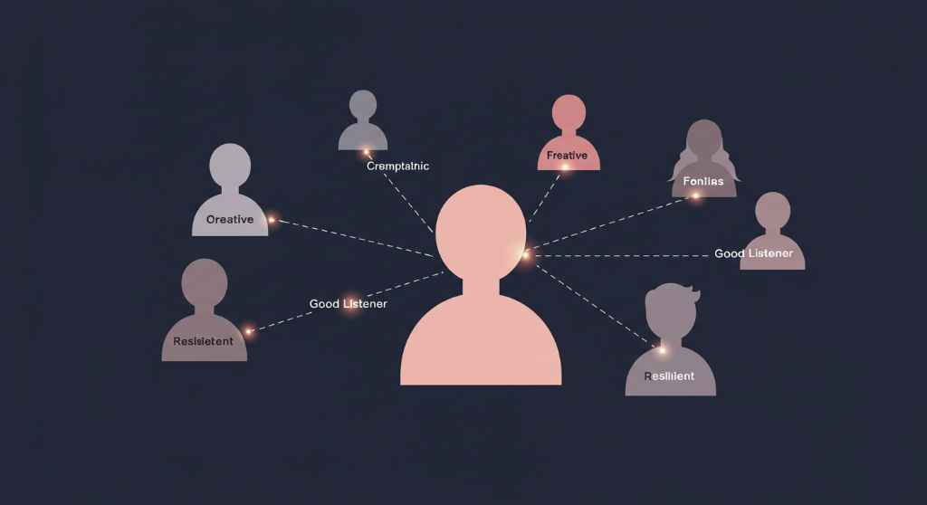 Figura central conectada a percepciones de otros, simbolizando ver la esencia a través de ojos cercanos