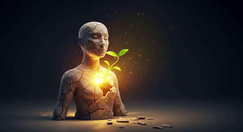 Figura agrietada con planta creciendo del corazón, simbolizando propósito a través del dolor