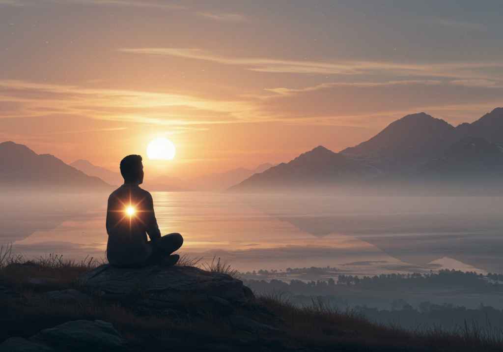 Silueta meditando con luz en el pecho al amanecer, simbolizando el descubrimiento del propósito de vida