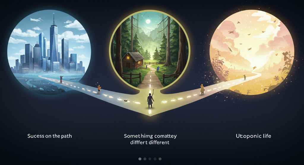 Ilustración de tres caminos de vida diferentes: éxito urbano, vida natural y utopía, representando la exploración de deseos sin límites