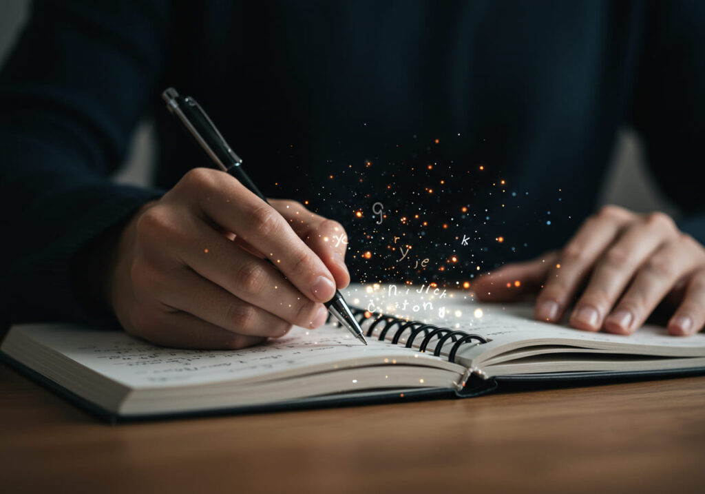 Manos escribiendo en un cuaderno para definir el significado personal de bienestar y la intención detrás de él